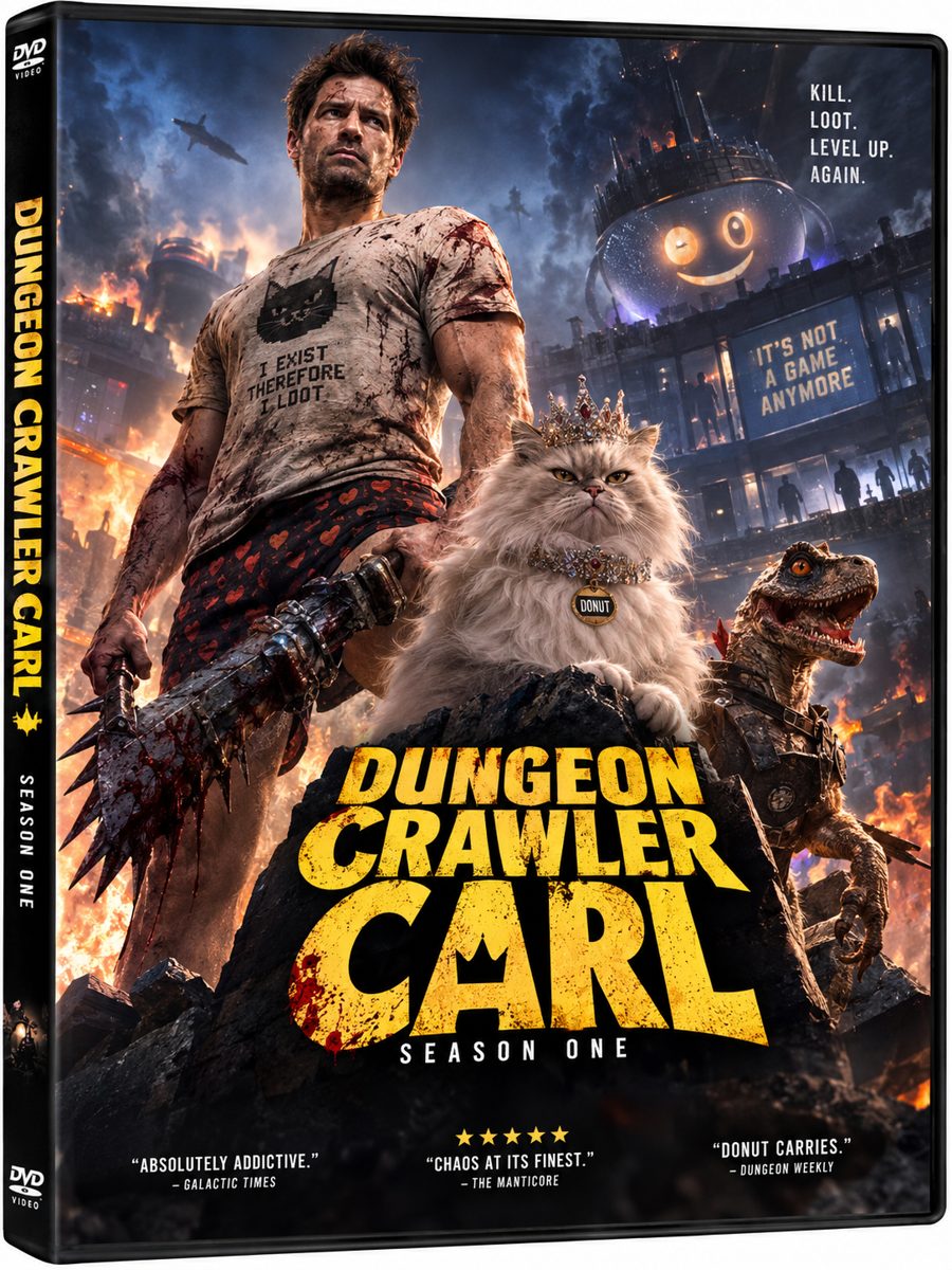 Fan-made cover art: Carl with a spiked club, Princess Donut in a crown, a small dinosaur, and a grinning AI face over a burning city